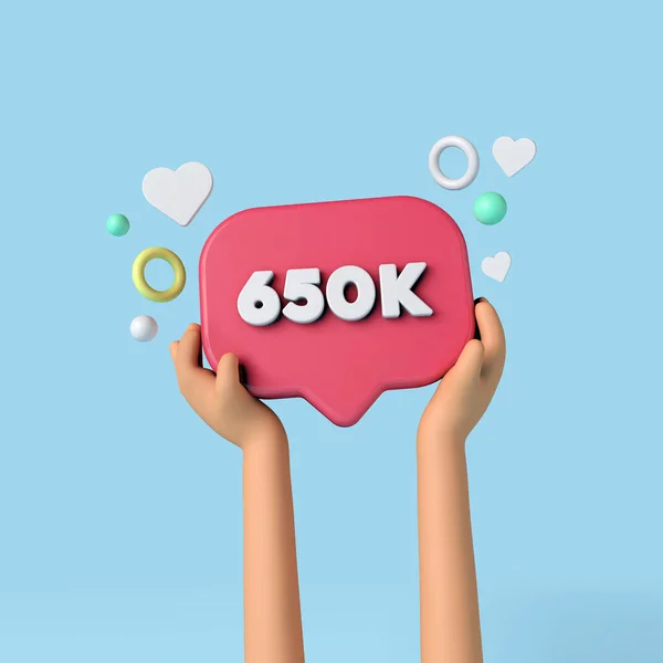 650k sociala medier abonnenter underteckna innehas av en influencer. 3D-återgivning. — Stockfoto