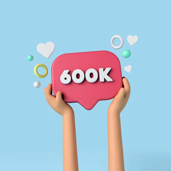 600k social media subscribers sign held by an influencer. 3D Rendering. —  Fotos de Stock
