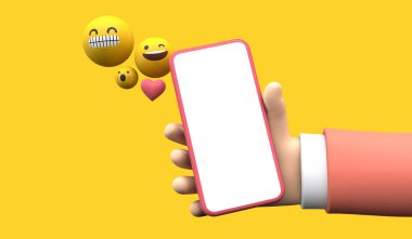 Çevrimiçi sosyal medya simgeleriyle akıllı telefon tutan kişi. 3B Hazırlama