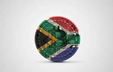 Bitcoin kripto para üzerinde Güney Afrika bayrağı. 3B Hazırlama