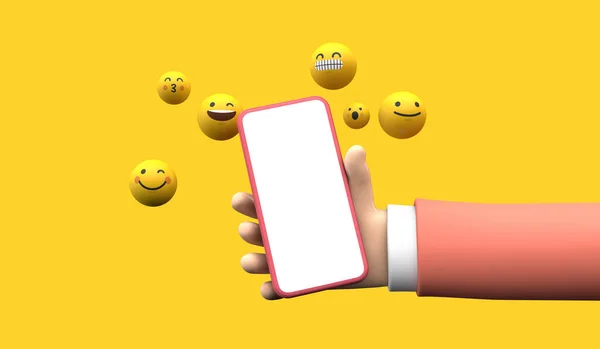 Pessoa segurando um smartphone com ícones de mídia social online emoji. Renderização 3D — Fotografia de Stock