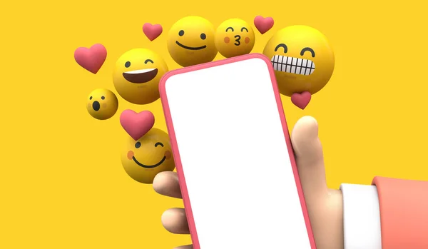 Persona in possesso di uno smartphone con icone di social media online emoji. Rendering 3D — Foto Stock