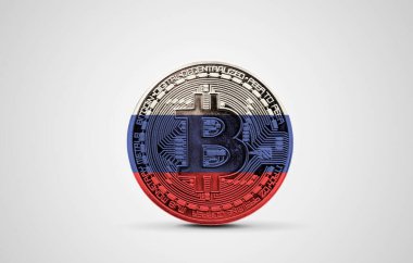 Bitcoin kripto para üzerinde Rusya bayrağı. 3B Hazırlama