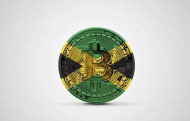 Bitcoin kripto para üzerinde Jamaika bayrağı. 3B Hazırlama
