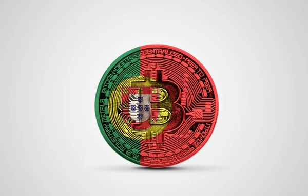 Bandeira de Portugal em uma moeda criptomoeda bitcoin. Renderização 3D — Fotografia de Stock