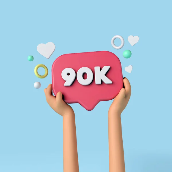 90k social media abonnees ondertekenen in het bezit van een influencer. 3D-weergave. — Stockfoto