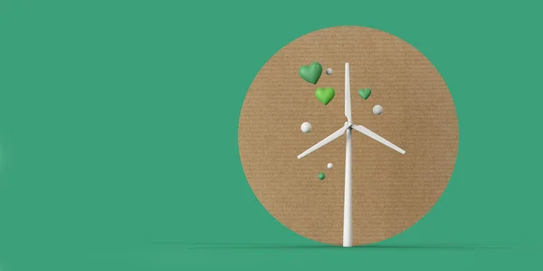 Sustainable energy wind turbine in an eco cardboard landscape. 3D Rendering — Zdjęcie stockowe