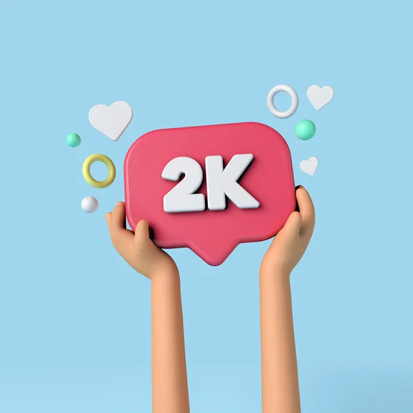 2k social media abbonati segno detenuto da un influencer. Rendering 3D. — Foto Stock