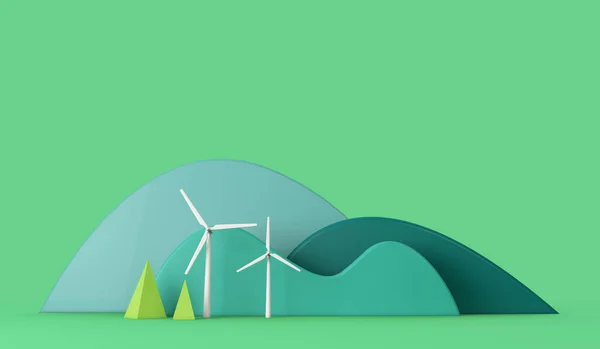 Sustainable energy wind turbine in an eco green landscape. 3D Rendering — Stok fotoğraf
