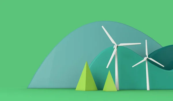 Eine Windkraftanlage für nachhaltige Energie in einer ökologisch grünen Landschaft. 3D-Rendering — Stockfoto