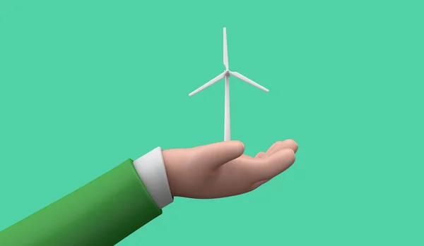 Hand holding a sustainable green energy wind turbine. 3D Render — Stok fotoğraf