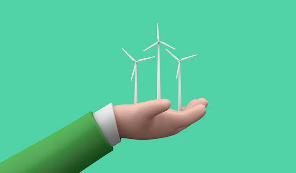 Hand holding a sustainable green energy wind turbine. 3D Render — Stok fotoğraf