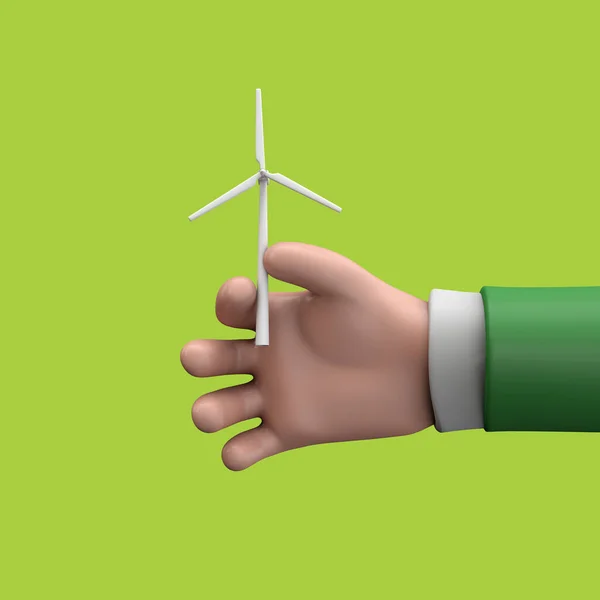 Hand holding a sustainable green energy wind turbine. 3D Render — Stok fotoğraf