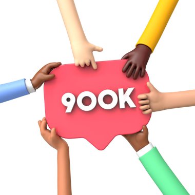 Hands holding a 900k social media followers banner label. 3D Rendering