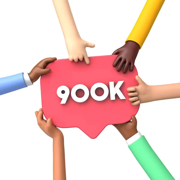 Egy 900,000-es közösségi média követői bannercímkét tartó kezek. 3D Renderelés — Stock Fotó