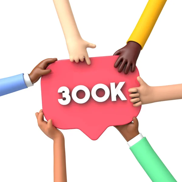 Mãos segurando uma marca de banner de 300k seguidores de mídia social. Renderização 3D — Fotografia de Stock