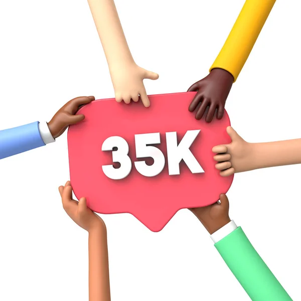 Χέρια κρατώντας μια ετικέτα 35k social media followers. 3D απόδοση — Φωτογραφία Αρχείου