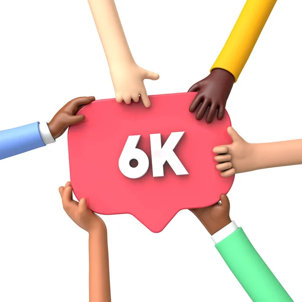 Mãos segurando um rótulo de banner de seguidores de mídia social 6k. Renderização 3D — Fotografia de Stock