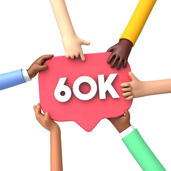 Руки держат баннер в 60 тысяч подписчиков социальных сетей. 3D рендеринг — стоковое фото