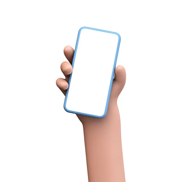 Cartoon Hand hält ein Smartphone mit leerem Bildschirm. 3D-Rendering — Stockfoto