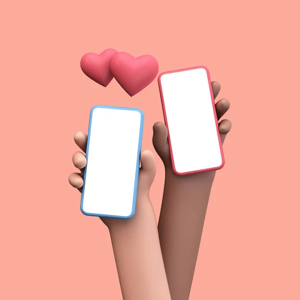 Dos manos con smartphones y corazones de amor arriba. Concepto de aplicación de citas. Renderizado 3D — Foto de Stock