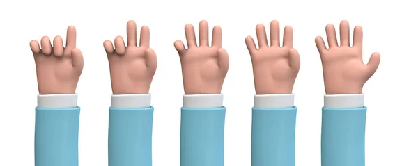 Mano de dibujos animados 3D que muestra numbera 1 a 5 con los dedos. Renderizado 3D. —  Fotos de Stock