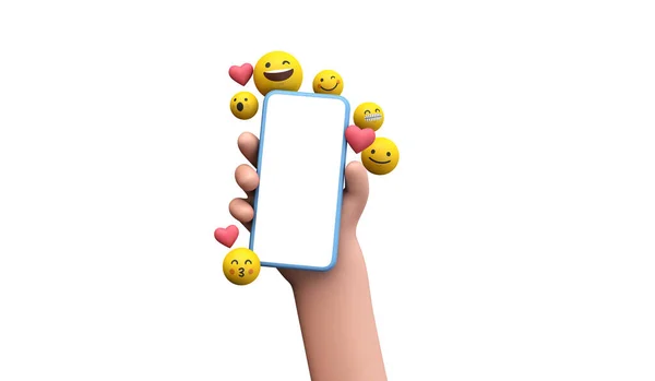 Πρόσωπο που κατέχει ένα smartphone με εικονίδια emoji online social media. 3D απόδοση — Φωτογραφία Αρχείου