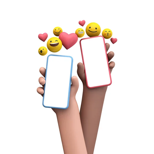 Persona in possesso di uno smartphone con icone di social media online emoji. Rendering 3D — Foto Stock