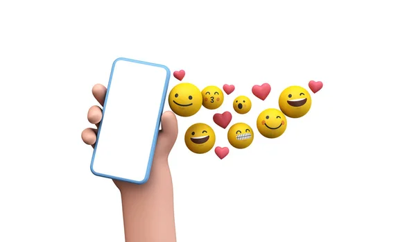 Πρόσωπο που κατέχει ένα smartphone με εικονίδια emoji online social media. 3D απόδοση — Φωτογραφία Αρχείου