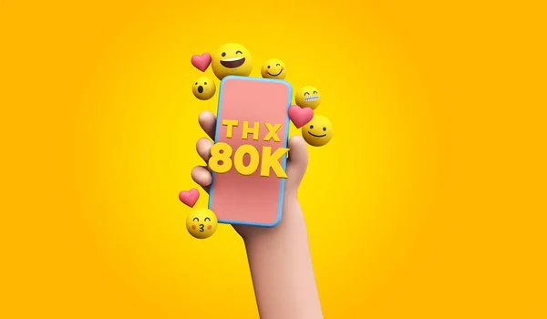 Thanks 80k social media supporters. cartoon hand and smartphone. 3D Render. — Foto de Stock