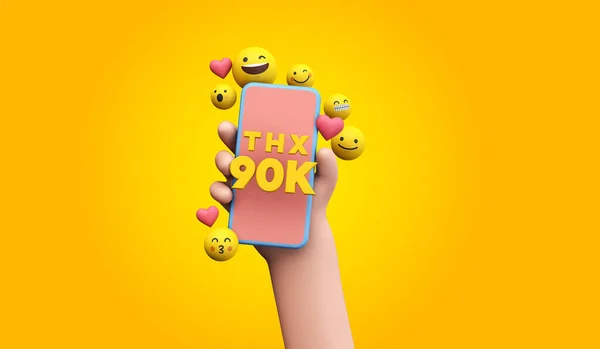 Tack 90k sociala medier supportrar. tecknad hand och smartphone. 3D-Render. — Stockfoto