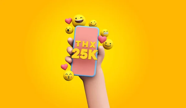Thanks 25k social media supporters. cartoon hand and smartphone. 3D Render. — 图库照片