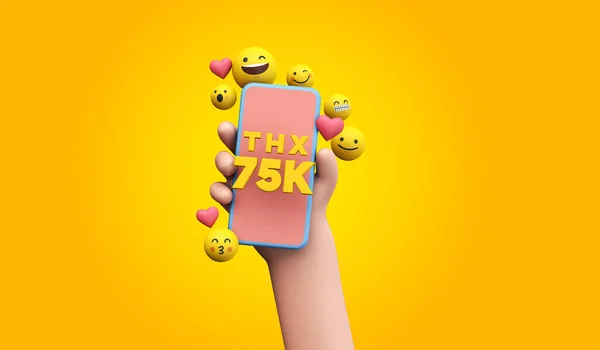 75.000 Unterstützern in den sozialen Medien sei Dank. Cartoon-Hand und Smartphone. 3D-Darstellung. — Stockfoto