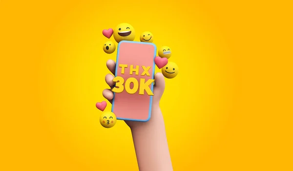 Thanks 30k social media supporters. cartoon hand and smartphone. 3D Render. — Fotografia de Stock