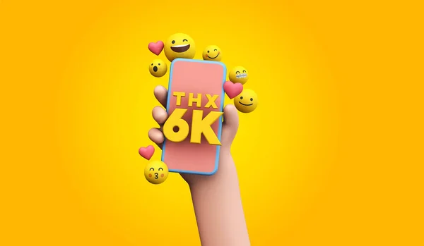 Thanks 6k social media supporters. cartoon hand and smartphone. 3D Render. — Foto Stock