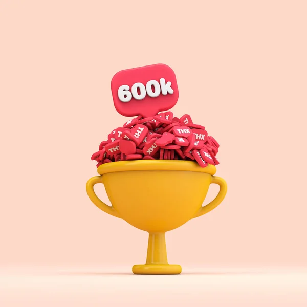 Tack 600k sociala medier anhängare firar trofé. 3D-återgivning — Stockfoto