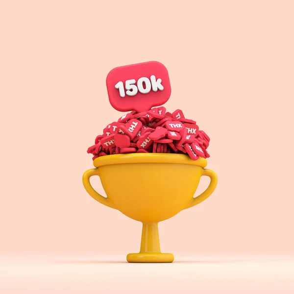 Danke, 150k Social-Media-Anhänger feiern Trophäe. 3D-Renderer — Stockfoto