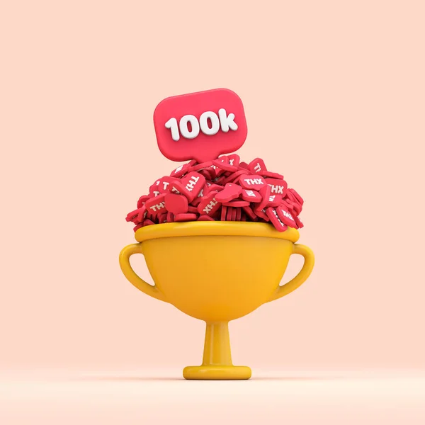Gracias 100k seguidores de redes sociales celebración trofeo. Renderizado 3D —  Fotos de Stock
