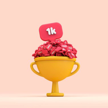 Thank you 1k social media followers celebration trophy. 3D render clipart