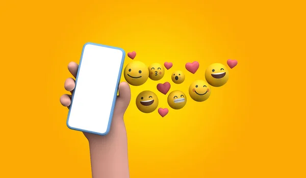 Person holding a smartphone with emoji online social media icons. 3D Rendering — Stock Photo, Image