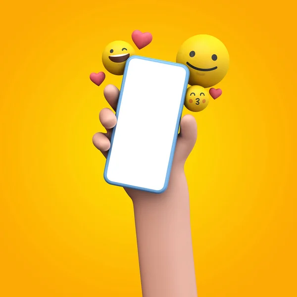 Persona sosteniendo un teléfono inteligente con emoji iconos de redes sociales en línea. Renderizado 3D — Foto de Stock