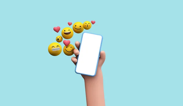 Pessoa segurando um smartphone com ícones de mídia social online emoji. Renderização 3D — Fotografia de Stock
