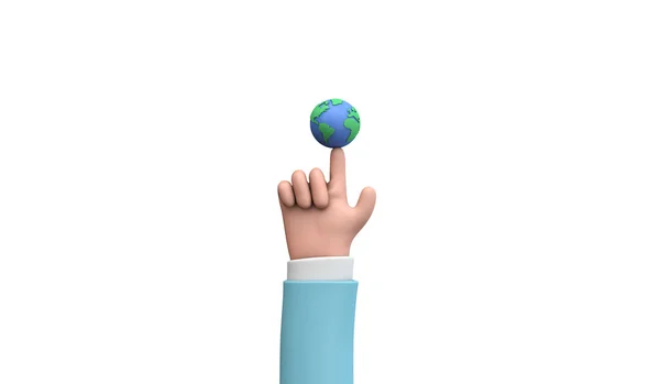 Cartoon-Stil Hand hält einen Planeten Erde. Earth Day Konzept. 3D Render — Stockfoto