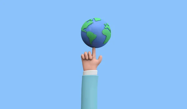 Rajzfilm stílusú kéz kezében a Föld bolygó. Föld napi koncepció. 3D Render — Stock Fotó