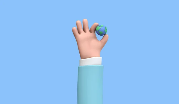 Χέρι σε στυλ κινουμένων σχεδίων κρατώντας έναν πλανήτη γη. Η ιδέα της γήινης ημέρας. 3D αποτύπωση — Φωτογραφία Αρχείου
