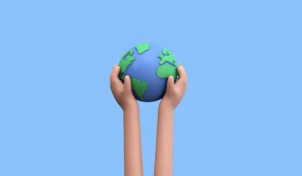 Рука в стиле мультфильма держит планету Земля. Концепция Дня Земли. 3D Render — стоковое фото