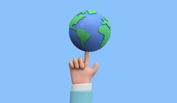 Mão de desenho animado estilo segurando um planeta terra. Conceito do dia da Terra. Renderização 3D — Fotografia de Stock