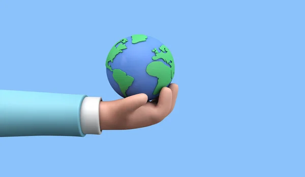 Cartoon-Stil Hand hält einen Planeten Erde. Earth Day Konzept. 3D Render — Stockfoto