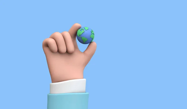 Ręka w stylu kreskówki trzymająca planetę Ziemia. Koncepcja Dnia Ziemi. Renderowanie 3D — Zdjęcie stockowe