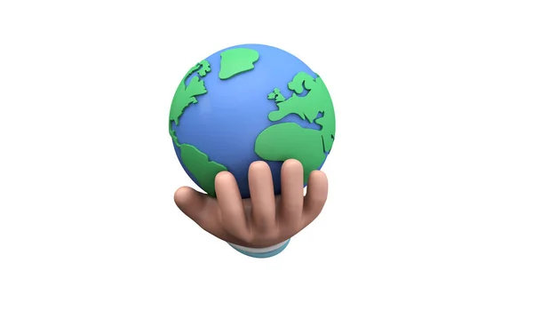 Mão de desenho animado estilo segurando um planeta terra. Conceito do dia da Terra. Renderização 3D — Fotografia de Stock